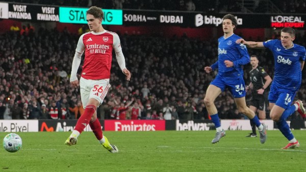 Arsenal's Max Dowman scores during the English Premier League soccer match between Arsenal and Everton in London, England, Saturday, March 14, 2026. (AP Photo)