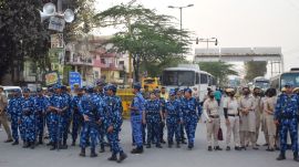 Security personnel stand guard during the "Virat Aakrosh Sabha" called by the United Hindu Front over the death of Tarun (25), due to an alleged fight during Holi at Uttam Nagar, in New Delhi on March 15. (ANI Photo)