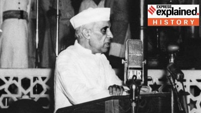 Jawaharlal Nehru gives his landmark "tryst with destiny" speech at Parliament House in New Delhi in 1947.