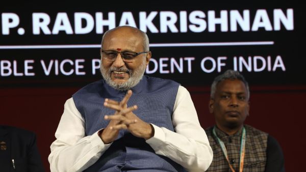 VP CP Radhakrishnan, Chairman Express Group Viveck Goenka, Anant Goenka Executive Director Express group presenting Ramnath Goenka Journalism Awards at the awards ceremony in New Delhi on Friday. 