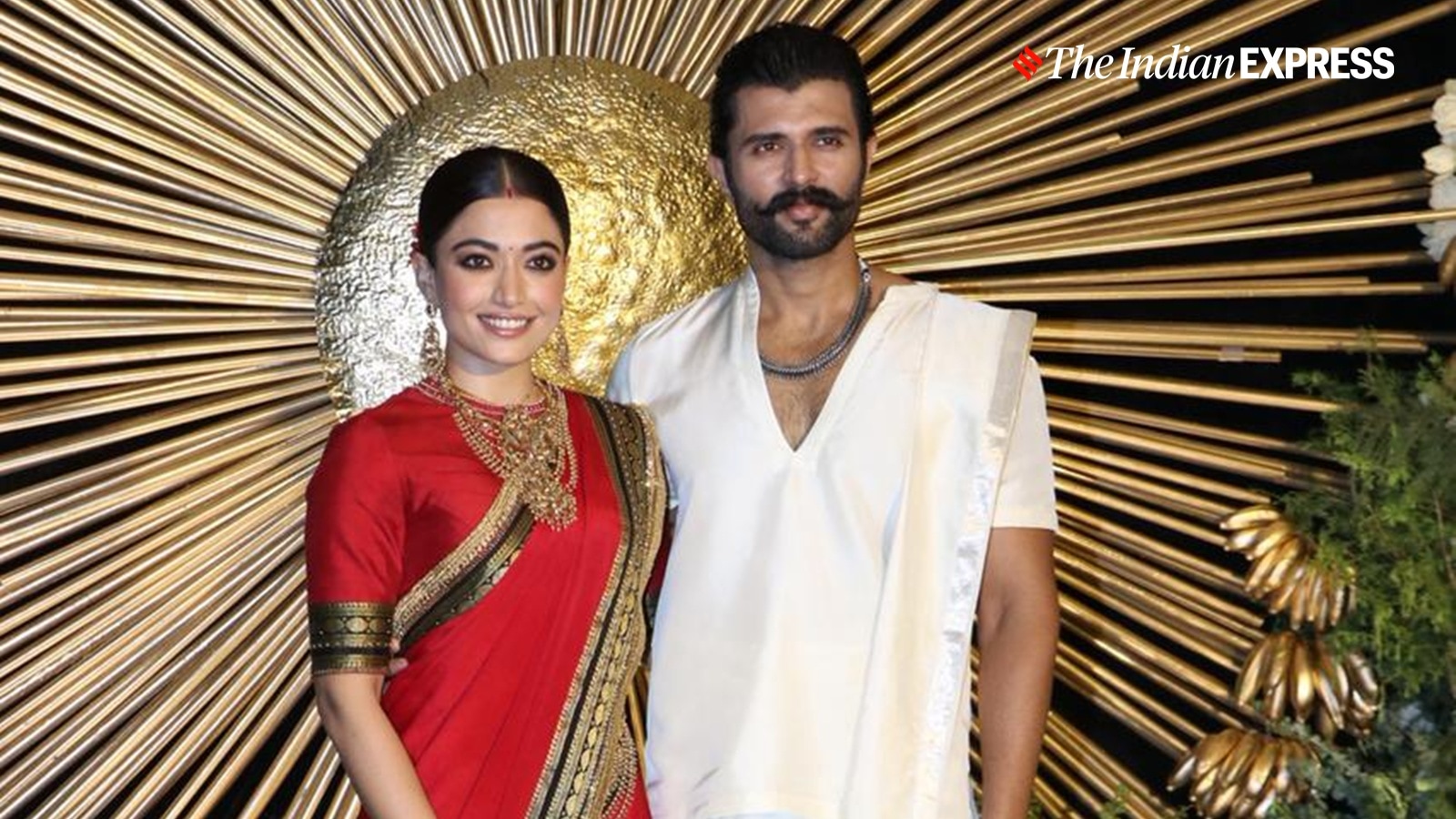 Virosh Reception: Rashmika Mandanna’s red silk sari meets Vijay Deverakonda’s classic ivory mundu