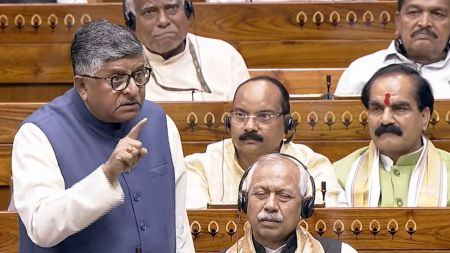 Speaker BJP MP Ravi Shankar Prasad speaks in the Lok Sabha during the second part of Budget session of Parliament, in New Delhi, Wednesday, March 11, 2026. (Sansad TV via PTI Photo)