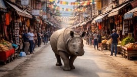 rhino walking on street Nepal