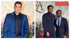 Salman Khan, Junaid Khan, and Aamir Khan attend the wedding reception of Sooraj Barjatya's daughter.