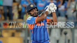 Sanju Samson's sparkling 89 powered India to a giant 253 against England at the Wankhede Stadium. (Express Photo by Narendra Vaskar)