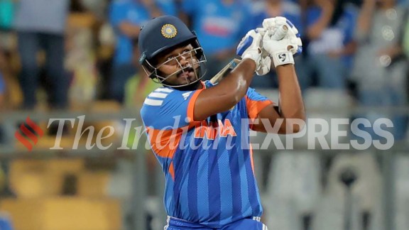 Sanju Samson's sparkling 89 powered India to a giant 253 against England at the Wankhede Stadium. (Express Photo by Narendra Vaskar)