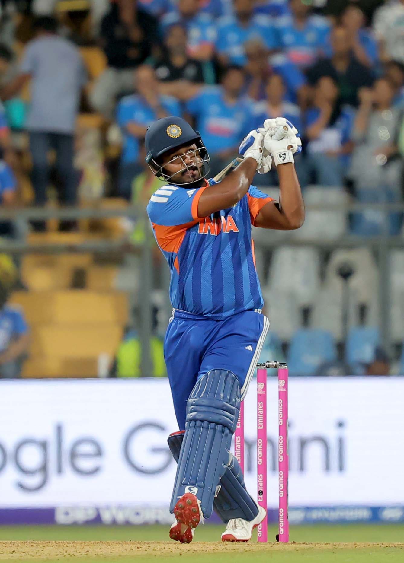 India's Sanju Samson watches the ball after playing a shot during the 2026 ICC Men's T20 Cricket World Cup semi-final match between India and England at the Wankhede Stadium in Mumbai on March 5, 2026. (Express photo by Narendra Vaskar)