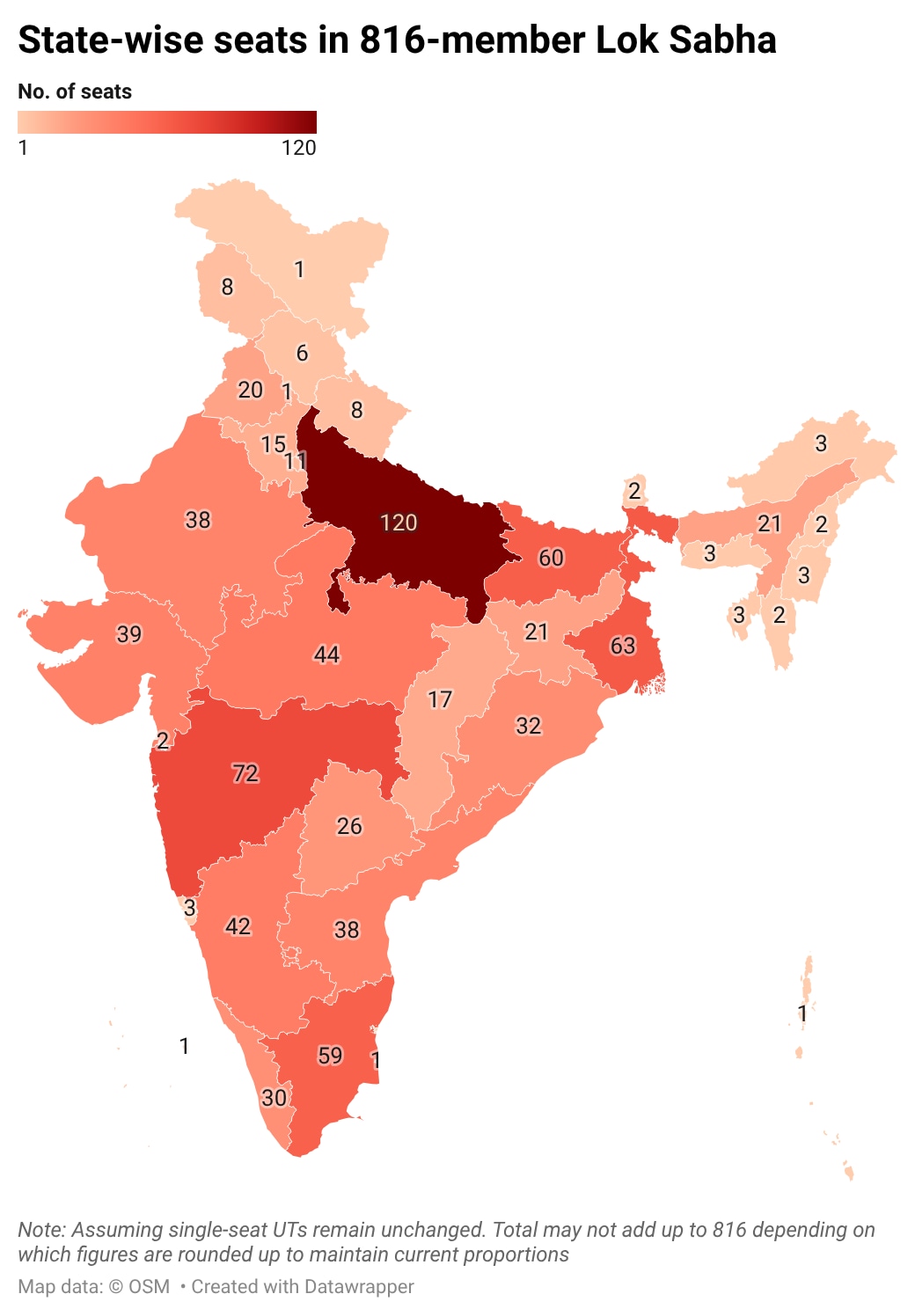 State-wise seats in a 816-member Lok Sabha