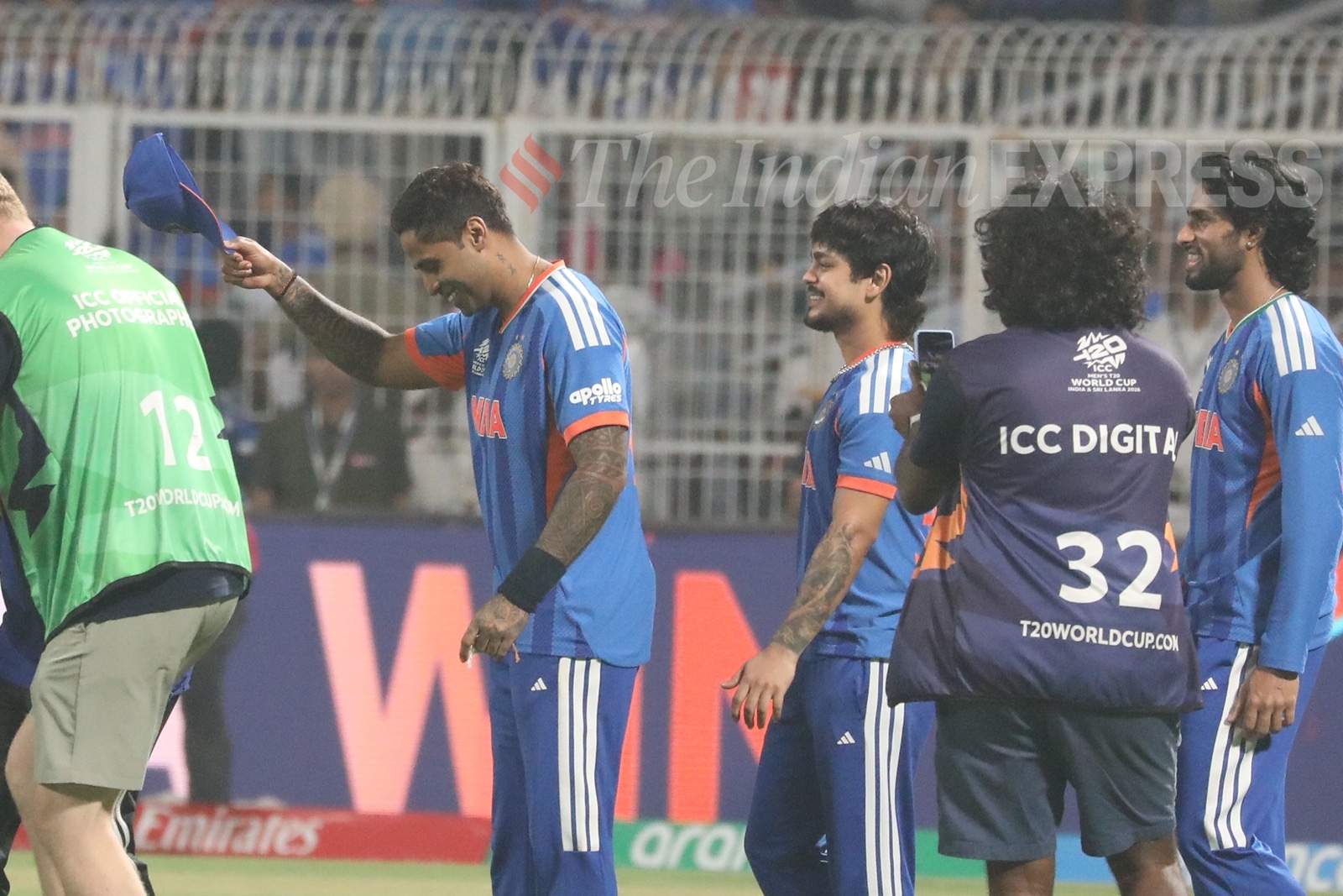 Suryakumar Yadav takes his hat off for Sanju Samson after India's final Super Eight match against the West Indies (Express Photo by Partha Paul)