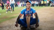 India's captain Suryakumar Yadav poses with the trophy after India won the T20 World Cup final match against New Zealand in Ahmedabad, India, Sunday, March 8, 2026. (AP Photo)