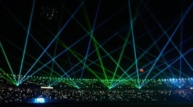 A laser show entertains spectators during a drinks break of the T20 World Cup cricket match between India and West Indies in Kolkata, India, Sunday. (AP Photo)