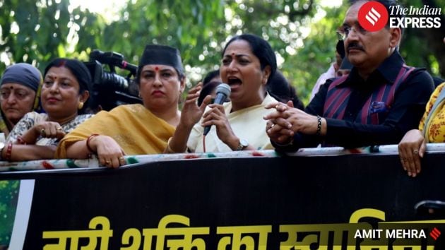 Delhi Chief Minister Rekha Gupta, state president Virendra Sachdeva, Union minister Raksha Khadse and MP Manoj Tiwari also joined the protest