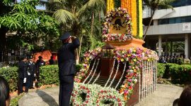 Personnel of Mumbai Fire Brigade pay tribute to the martyrs on the occasion of Fire Service Day. (Express Photo By Ganesh Shirsekar)