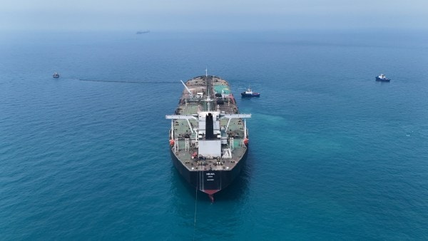 Drone view of oil tanker HELGA berthed at one of Iraq's southern offshore oil terminals near Basra as it prepares to load crude oil, becoming the second vessel to arrive since the closure of the Strait of Hormuz, on April 24, 2026. (REUTERS)
