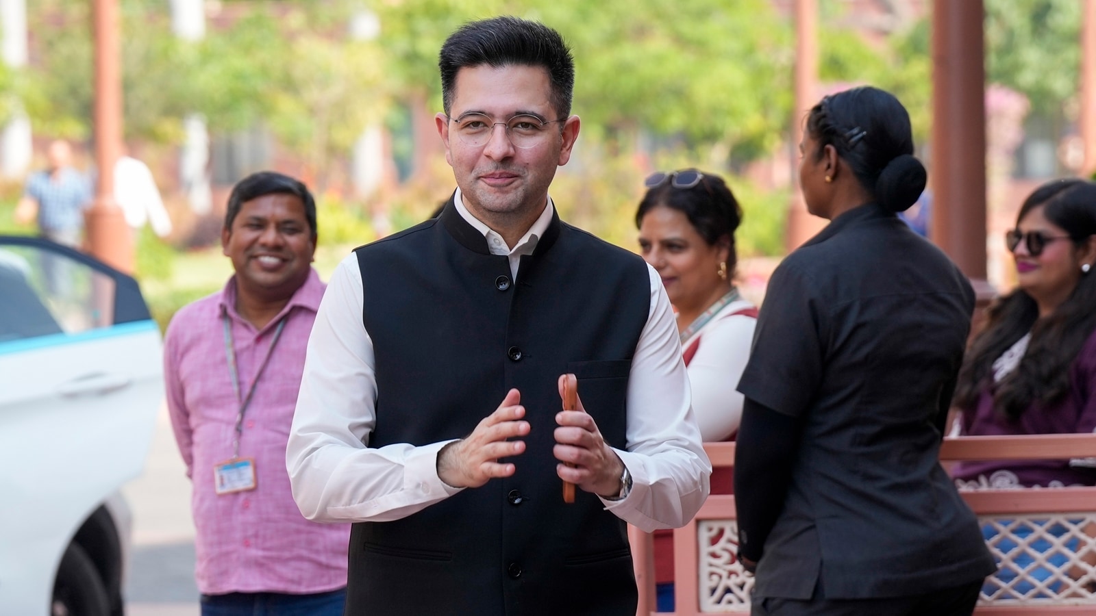 AAP MP Raghav Chadha outside Parliament, Thursday. (PTI)