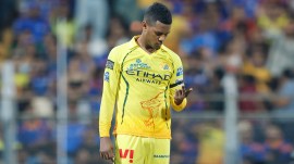 CSK spinner Akeal Hosein in action against MI. (CREIMAS FOR IPL)