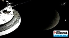 the Orion Spacecraft, the Earth and the Moon are seen from a camera as the Artemis II crew and spacecraft travel farther into Space, on Monday. (AP/PTI)