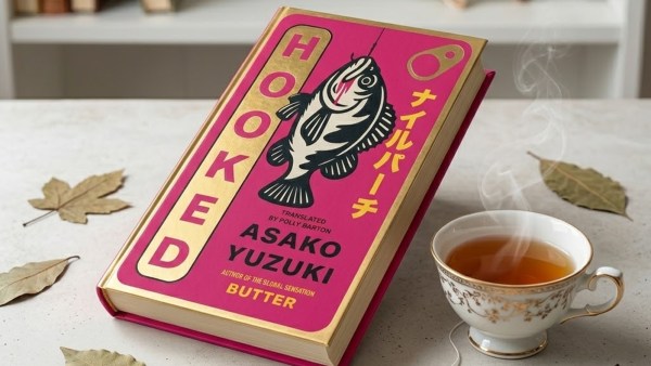 The book cover of Hooked by Asako Yuzuki sits next to a cup of tea. AI generated image 
