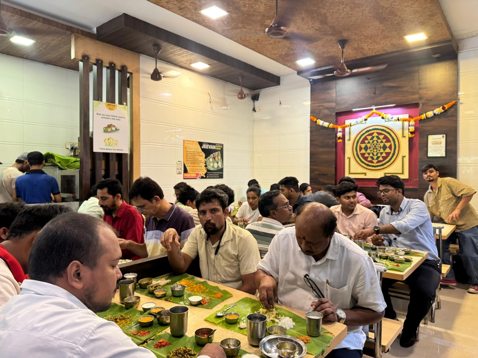 At Jeevan Boarding House, meals are served on banana leaves.