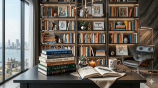 An illustration of a well-stocked library and coffee table books placed in a drawing room. (Generated using AI)