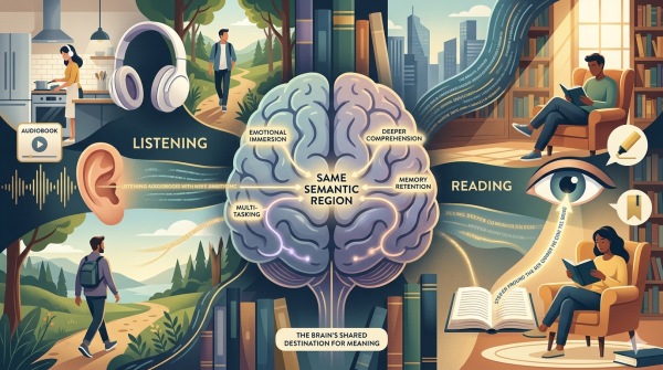 A pictorial depiction of how different parts of the brain respond to reading and audiobooks. 
