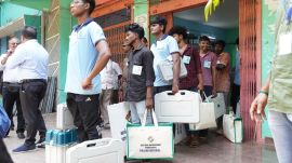 District Election Officer monitors the dispatch of poling parties and polling materials from collection centre at Women’s Engineering College, Lawspet. (Source: X/ @ceopuducherry)