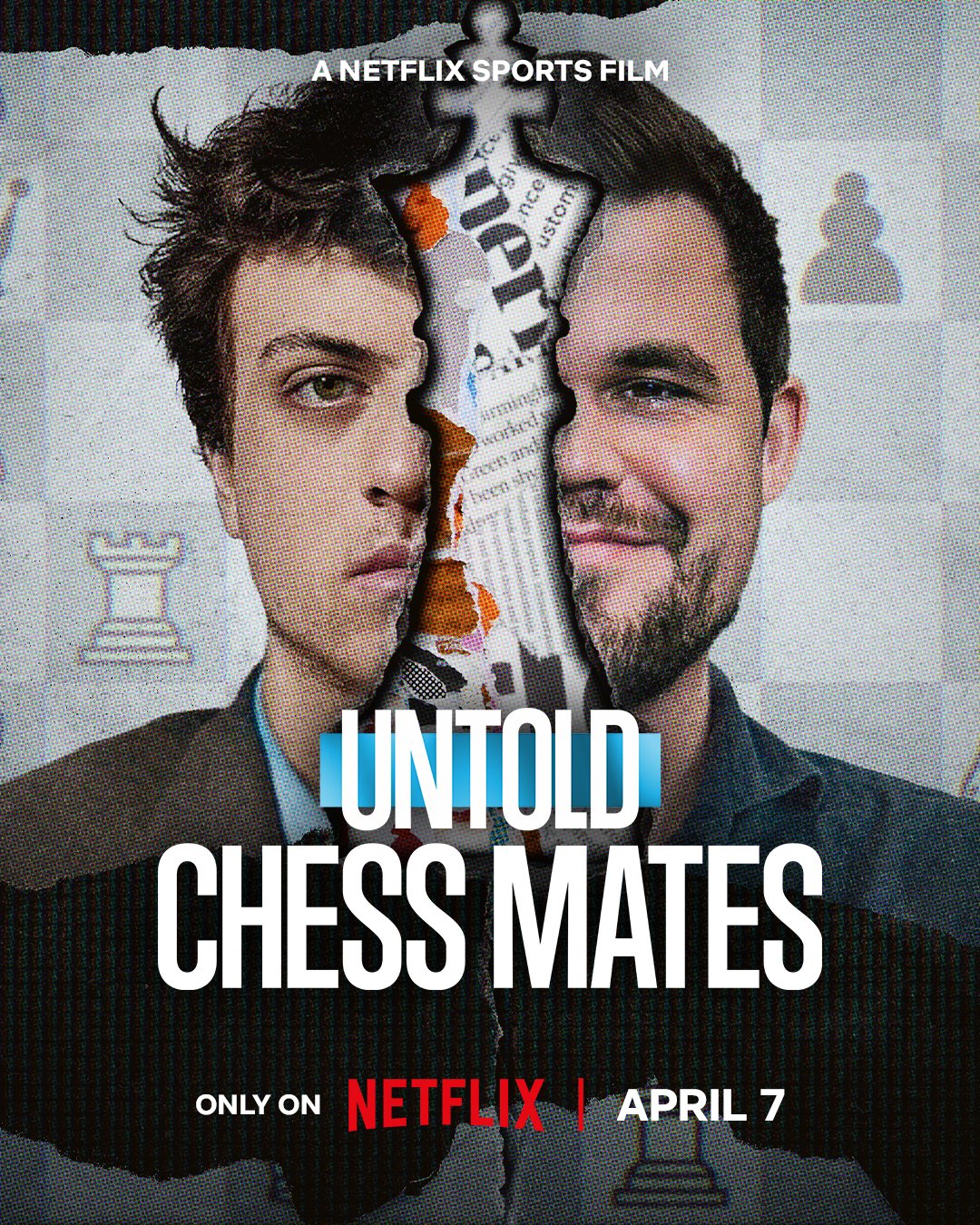 A promotional poster of the Untold: Chess Mates documentary that details the 2022 chess cheating scandal between Magnus Carlsen and Hans Niemann. (Photo courtesy: Netflix)