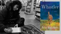 The author scribbling a note at Ann Patchett’s bookshop, Parnassus in Nashville; Ann Patchett’s novel Whistler. (Cris/amazon.in)
