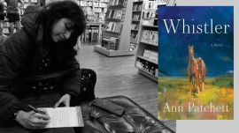 The author scribbling a note at Ann Patchett’s bookshop, Parnassus in Nashville; Ann Patchett’s novel Whistler. (Cris/amazon.in)
