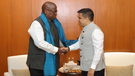 CWG 2030: Donald Rukare, President of Commonwealth Sport, meets Gujarat's Deputy Chief Minister Harsh Sanghavi. (Photo: Harsh Sanghavi via X)