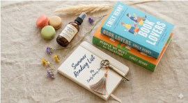 Books by Emily Henry decoratively placed on the bed
