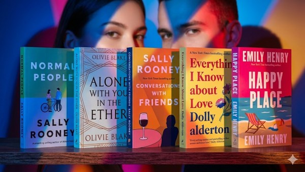 A curated row of five popular paperback book covers on a shelf under dramatic, multi-colored neon lighting (blue, pink, red). The books are (L-R): Normal People by Sally Rooney, Alone with You in the Ether by Olivie Blake, Conversations with Friends by Sally Rooney, Everything I Know About Love by Dolly Alderton, and Happy Place by Emily Henry. In the dimly lit background, the upper faces of two young people (a woman and a man) are visible, peering over the books with the colored lights reflecting on their skin.
