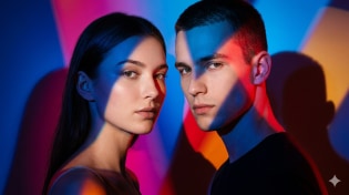 A woman and a man in a situationship looking at readers with the colored lights reflecting on their skin.