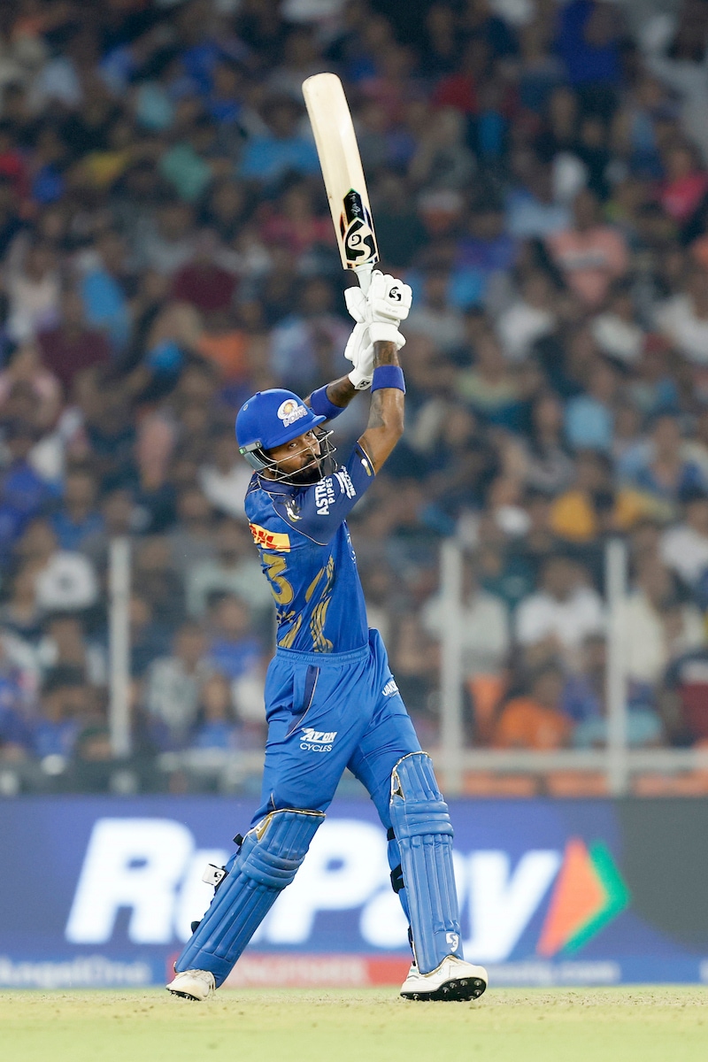 Hardik Pandya of Mumbai Indians play a shot during Match 30 of the TATA Indian Premier League 2026 between Gujarat Titans and Mumbai Indians at Narendra Modi Stadium, Ahmedabad, India, on April 20, 2026.Photo by Arjun Singh / CREIMAS for IPL