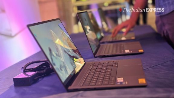 The high-end Zenbook S16 has a tactile Ceraluminum lid and updated specifications. (Image credit: Anuj Bhatia/The Indian Express)