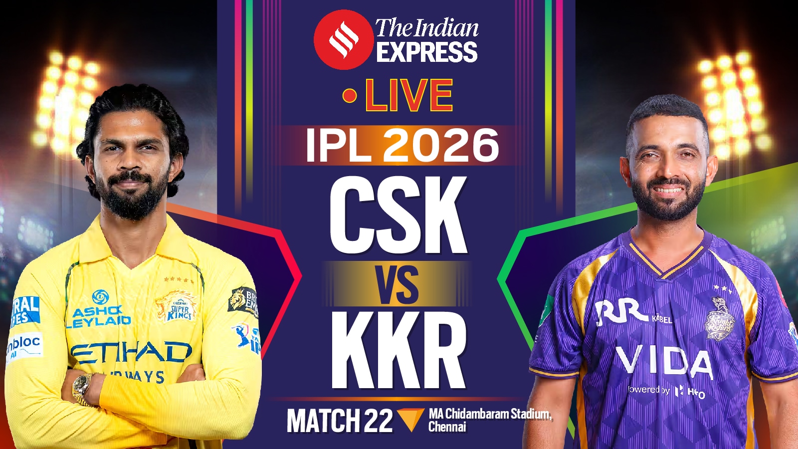 CSK vs KKR IPL 2026 Live Score, Playing 11: Chennai Super Kings face Kolkata Knight Riders at Chepauk today.