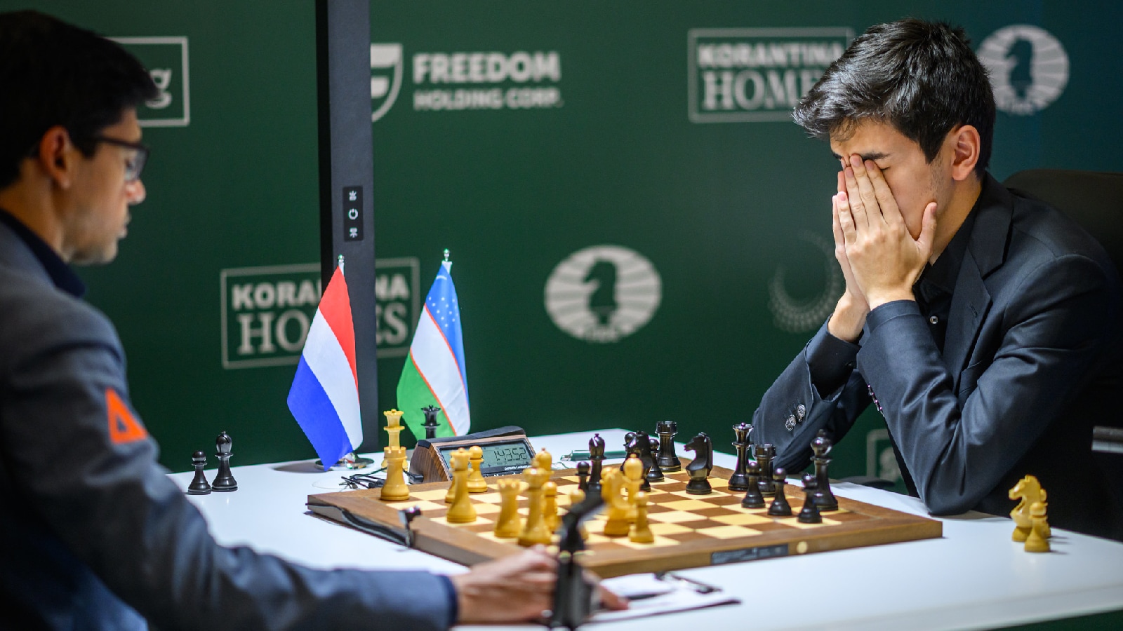 Javokhir Sindarov reacts during his Candidates 2026 match against Anish Giri on Tuesday at Cyprus. (Photo: Michal Walusza / FIDE)