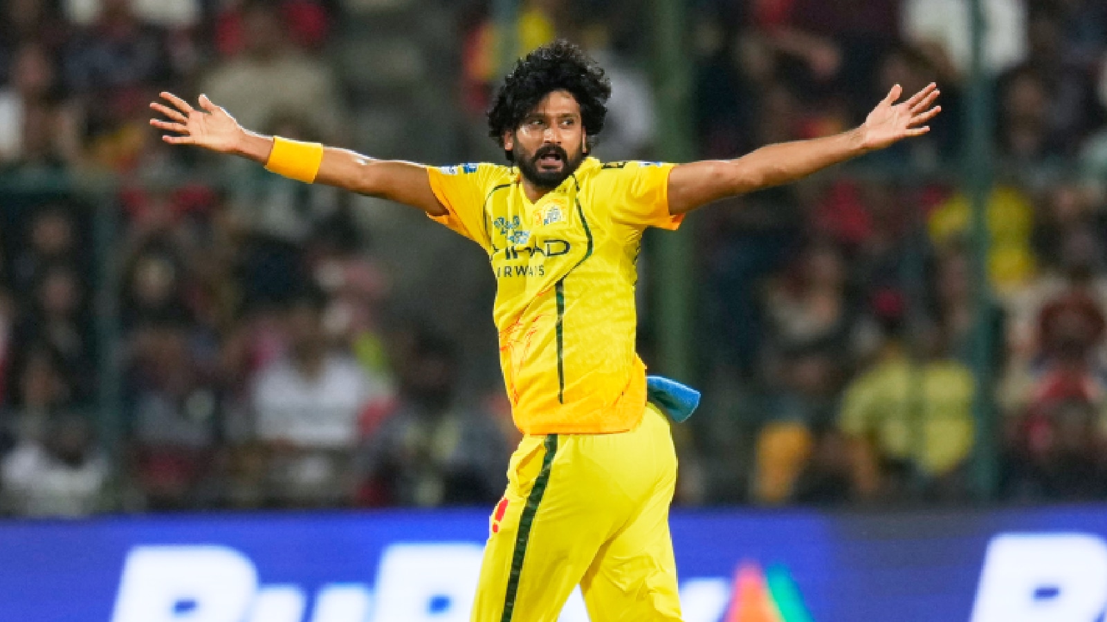 CSK's Khaleel Ahmed appeals unsuccessfully for the wicket of Royal Challengers Bengaluru's captain Rajat Patidar during the Indian Premier League cricket match between Chennai Super Kings and Royal Challengers Bengaluru in Bengaluru, India, Sunday, April 5, 2026. (AP Photo)