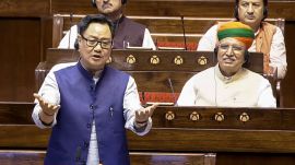 Kiren Rijiju speaks in the Rajya Sabha during the second part of the Budget session of Parliament, in New Delhi. (PTI Photo)
