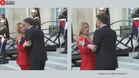 Macron Meloni awkward hug video