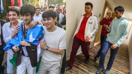 CHESS | Javokhir Sindarov with his Second Mukhiddin Madaminov and brother Islombek Sindarov (left half). R. Praggnanandhaa with his Seconds Pranesh M and Vaibhav Suri. (PHOTO: FIDE/Michal Walusza)