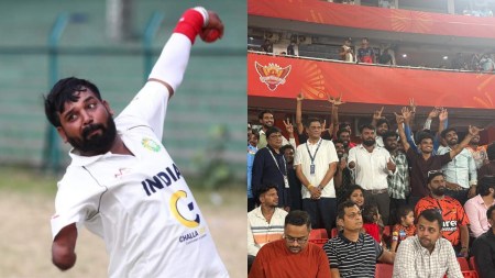 Mahesh has represented India in cricket and volleyball; (right) Mahesh with HCA secretary M Jeevan Reddy other physically disabled athletes at the Rajiv Gandhi International Stadium during SRH's home match against Rajasthan Royals. (Image via Special arrangement)