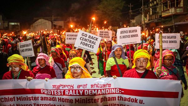 Protestors take part in a Meira (torch) rally at Koirengei, organised under the aegis of Coordinating Committee on Manipur Integrity (COCOMI), demanding justice regarding the Tronglaobi killing incident. (ANI Photo)