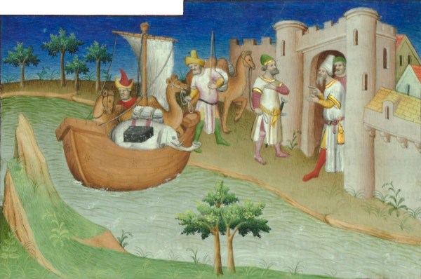 Marco Polo with elephants and camels arriving at Hormuz from India (Wikimedia Commons)