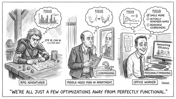 A cartoon representation of the evolution of maxxing from Dungeons and Dragons to lookmaxxing and then personalitymaxxing and other adjacent terms. 