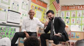 The two held a brief one-on-one meeting before joining the children for the event