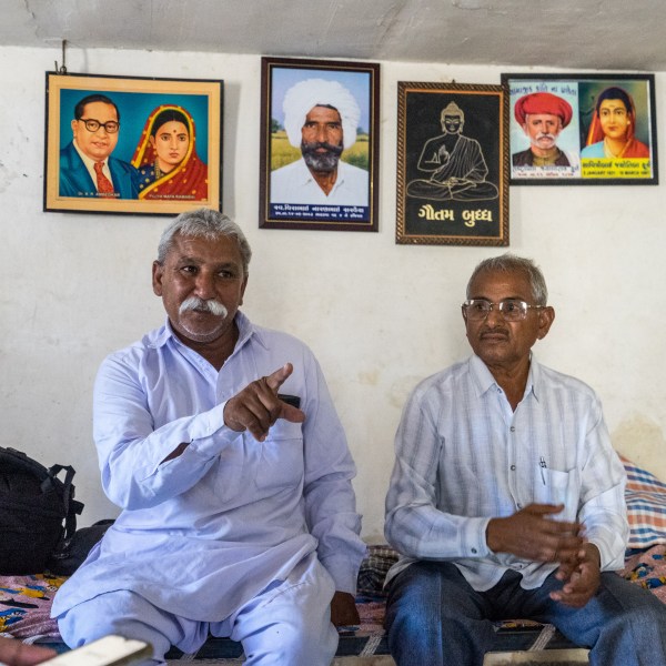 Balu Sarvaiya (left), Ashram's father and one of the victims in the case, at his residence in Mota Samadhiyala village.Express photo by Bhupendra Rana 