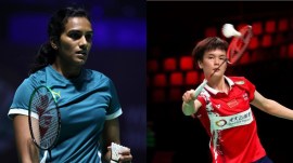India's PV Sindhu and World No. 2 China's Wang Zhi Yi. (Express photo by Amit Mehra)