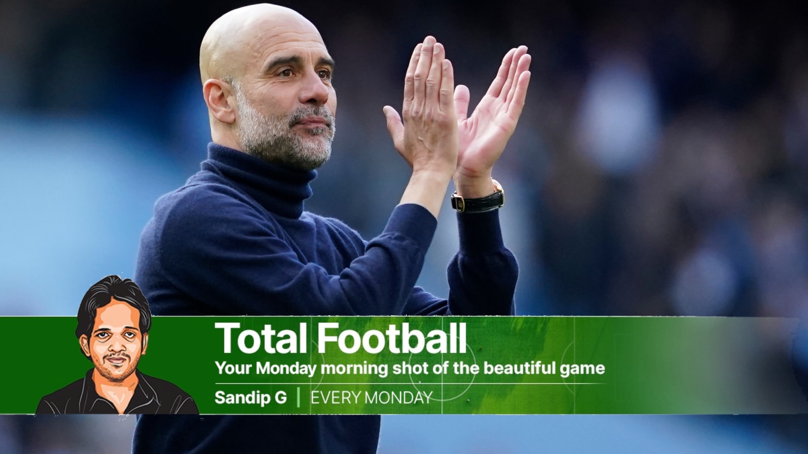 Manchester City's head coach Pep Guardiola applauds supporters at the end of the English Premier League soccer match between Manchester City and and Arsenal, in Manchester, England, Sunday, April 19, 2026. (AP Photo)