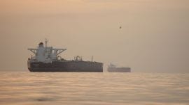 Tankers anchored in the Strait of Hormuz off the coast of Qeshm Island, Iran, Saturday, April 18, 2026. (AP Photo)